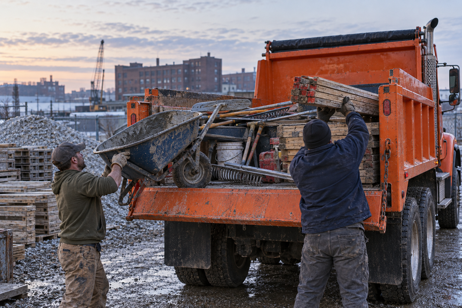 Crew loading wooden concrete forms and hand tools into an orange dump truck in a gravel yard at dawn