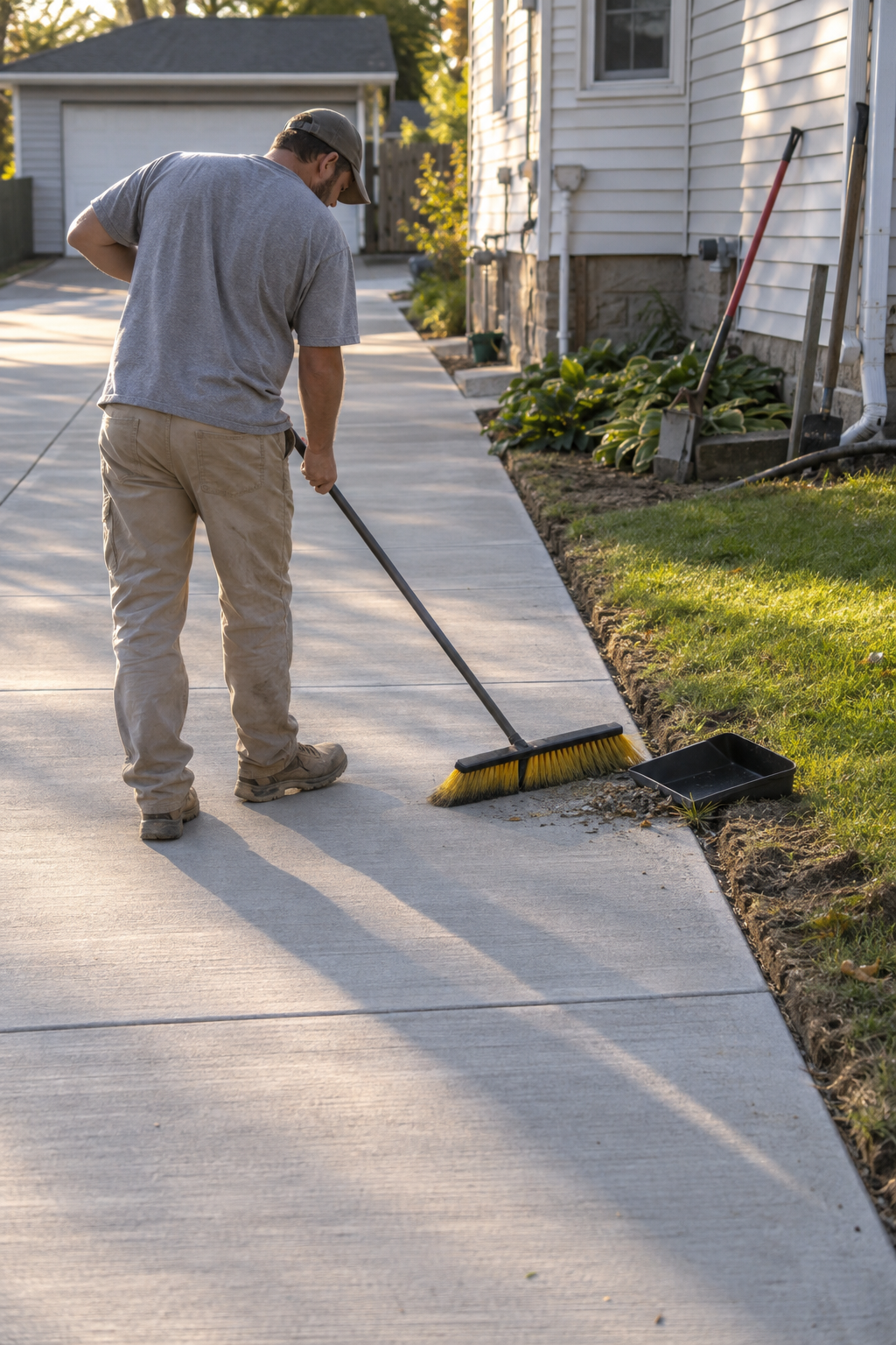Worker sweeping a finished concrete driveway clean along its edge in late afternoon light