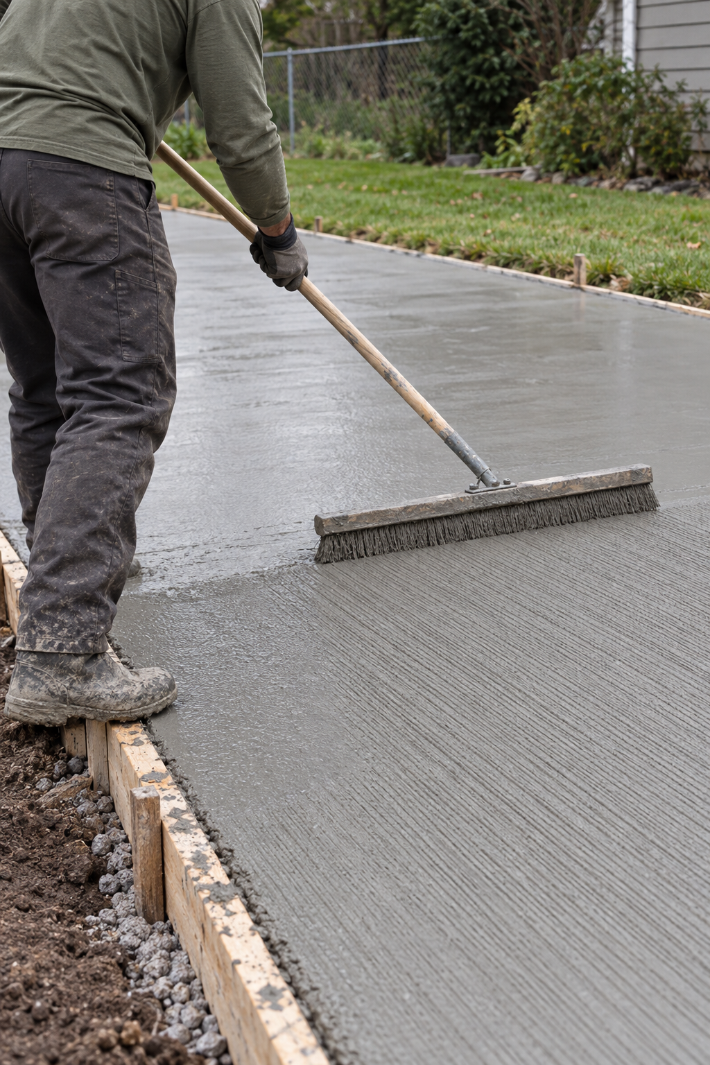 Broom being dragged across fresh driveway concrete, leaving textured lines
