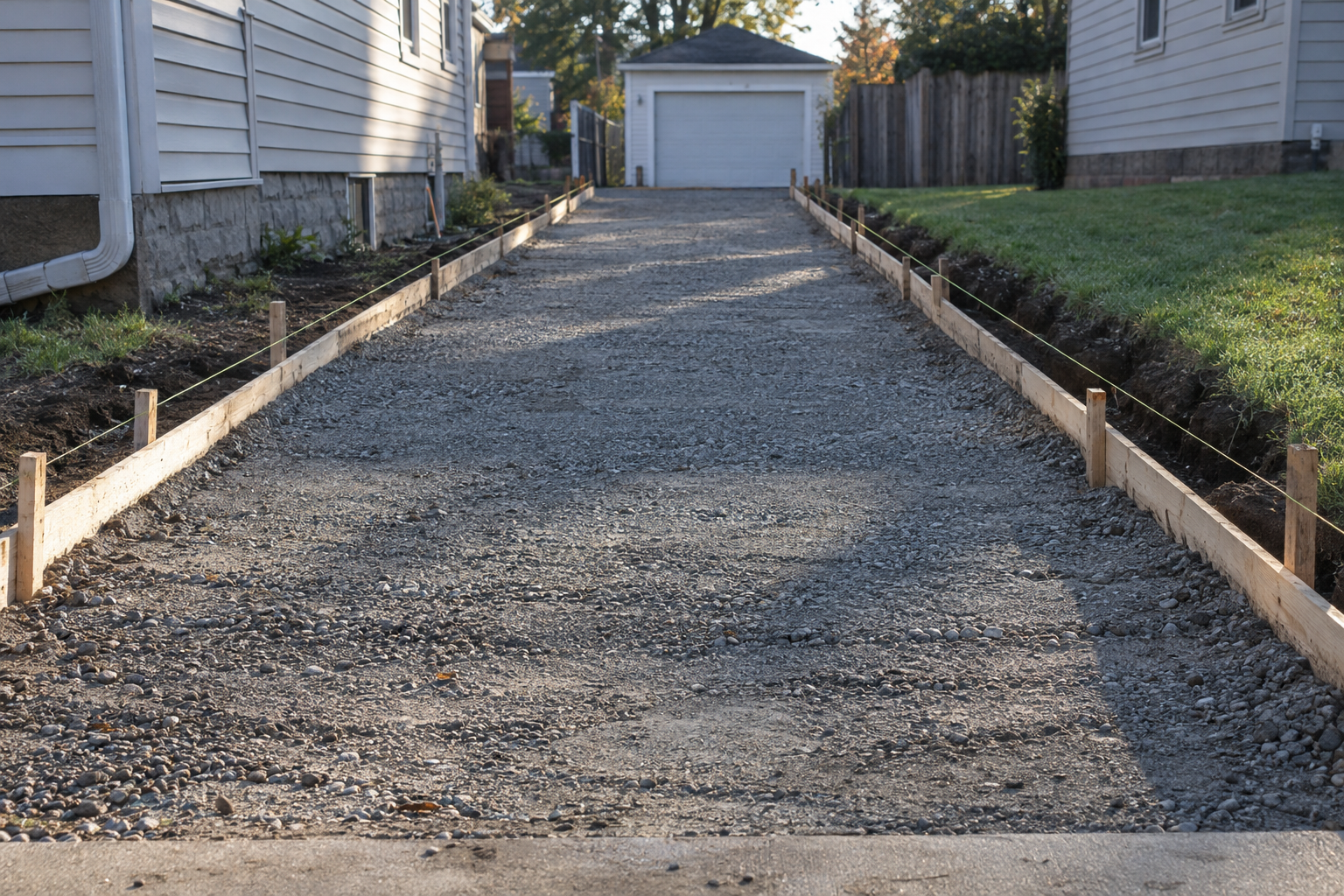 Driveway dug out to a compacted gravel base with wooden forms set and string lines pulled before the pour