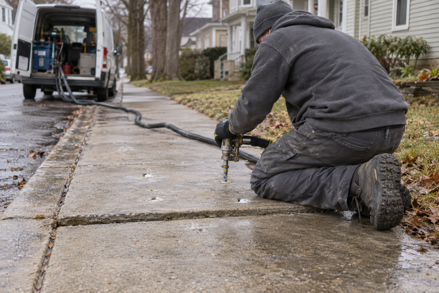 Concrete leveling with a foam injection gun seated in a drilled hole in a sunken sidewalk panel, the hose running back to a van at the curb