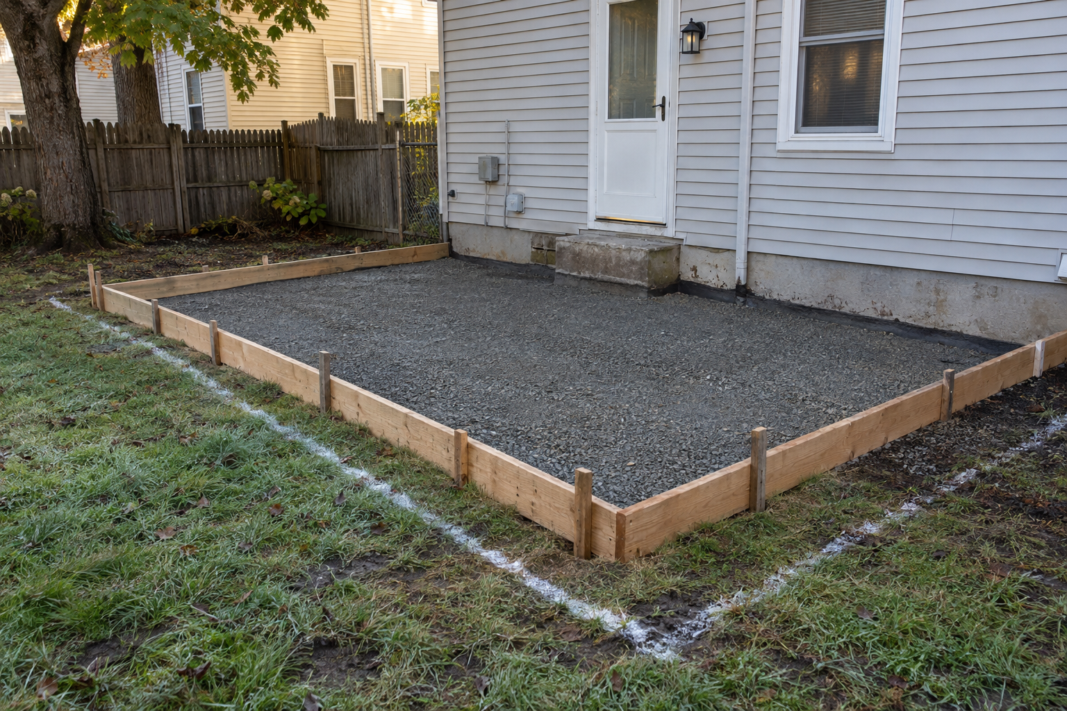 Wooden forms staked around a compacted gravel base for a new back-yard patio, the footprint marked in paint on the lawn