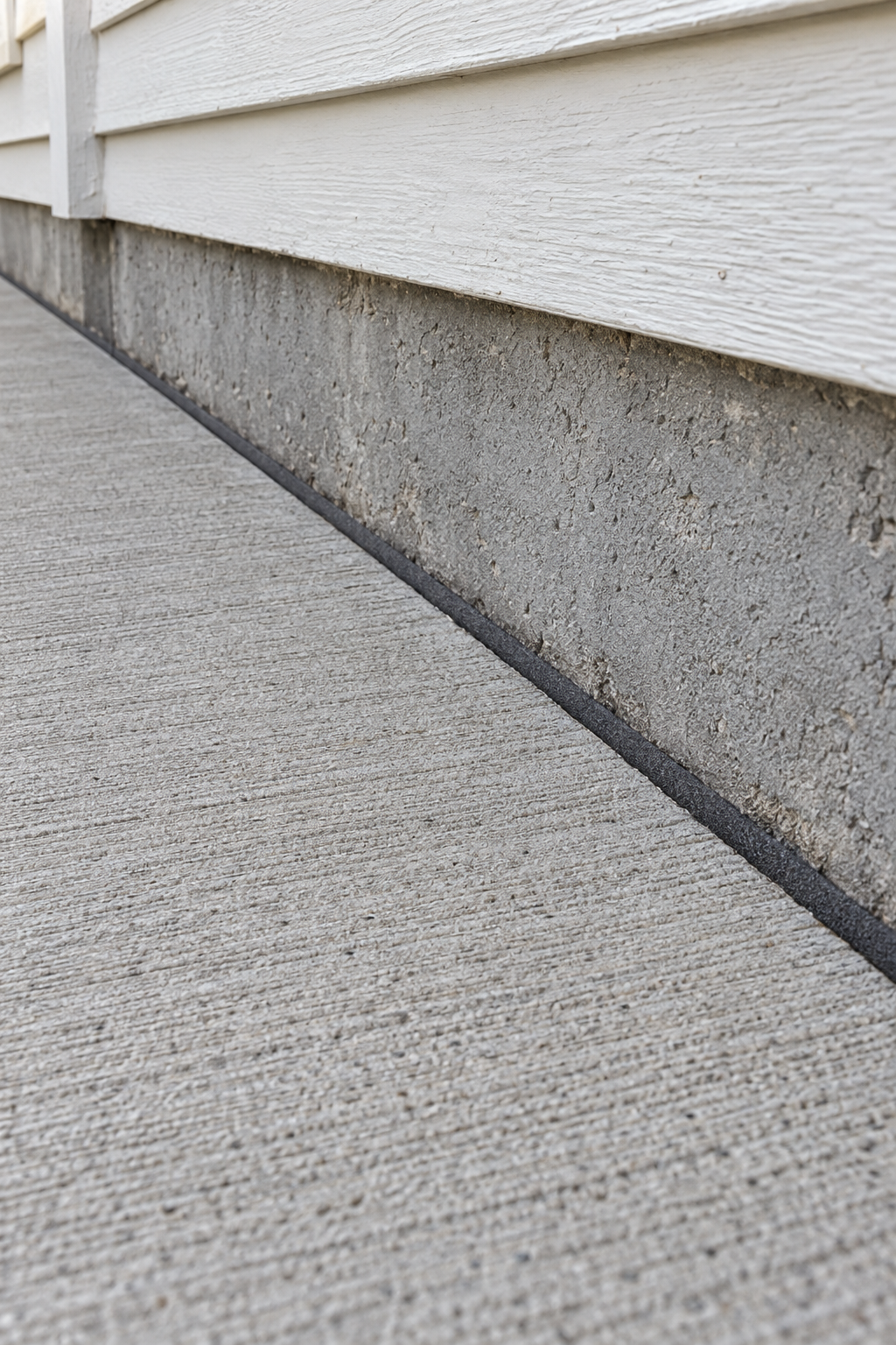 Isolation joint strip between a broom-finished concrete patio and a house foundation