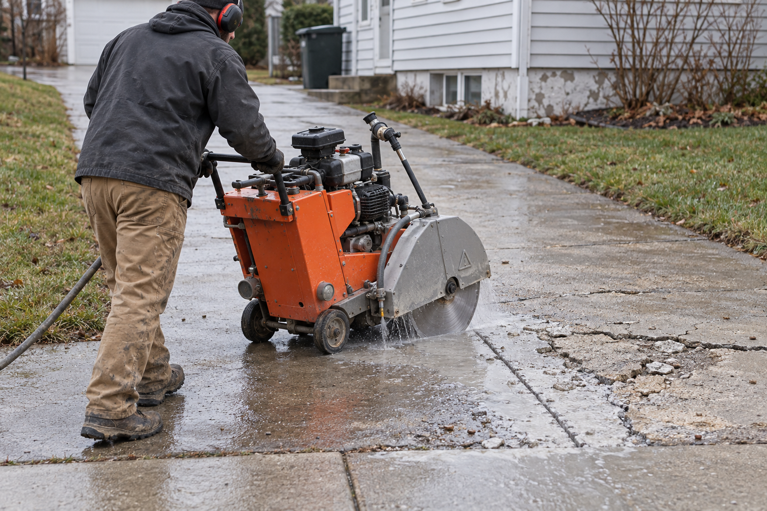 Walk-behind concrete saw cutting out a spalled section of a driveway slab