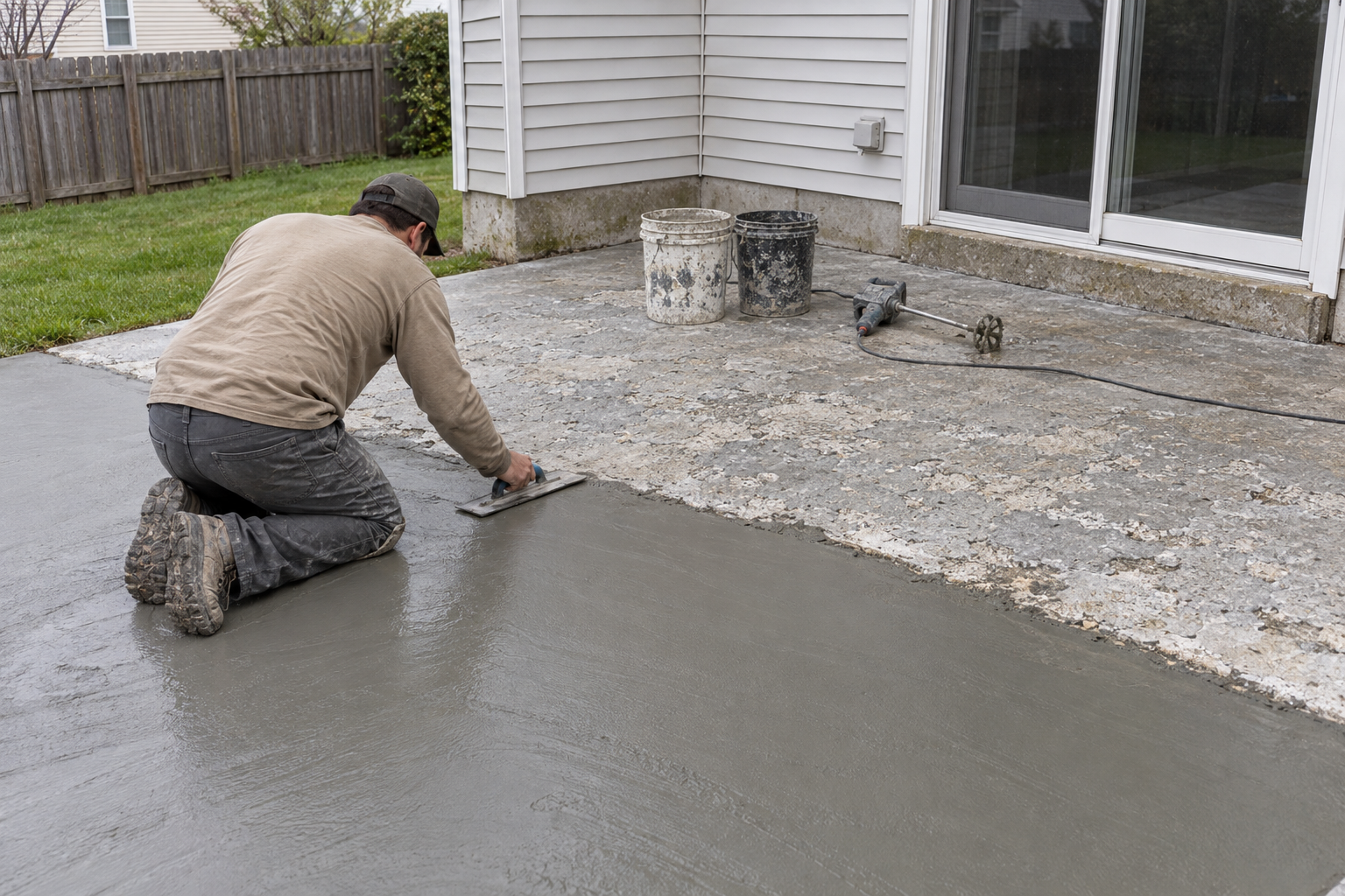 Fresh grey cement overlay being troweled over half of a pitted, scaled patio slab