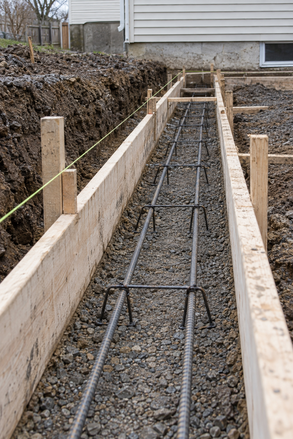 Footing trench with wooden forms and rebar set on chairs, ready for the concrete