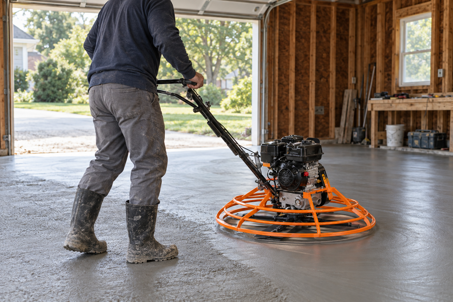 Walk-behind power trowel finishing a fresh concrete garage floor, daylight coming in through the open garage door