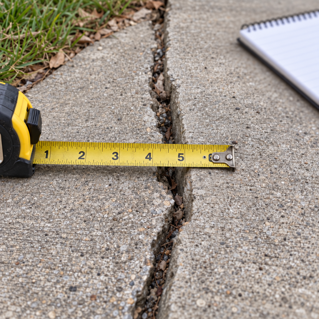 Tape measure stretched across a cracked concrete driveway beside a notepad