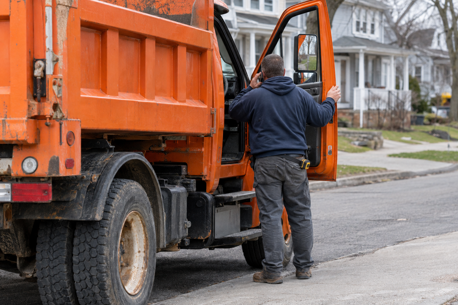 Worker on a phone call beside the open door of an orange dump truck at the curb
