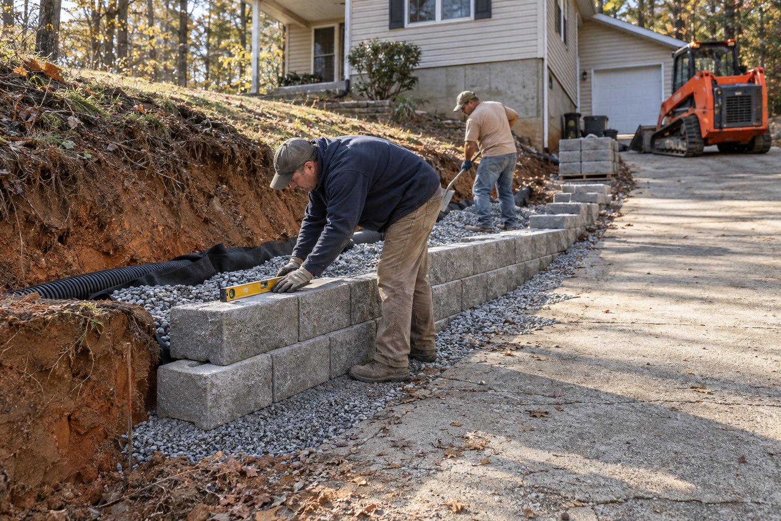 Block retaining wall being built into a wooded hillside lot beside a sloping driveway