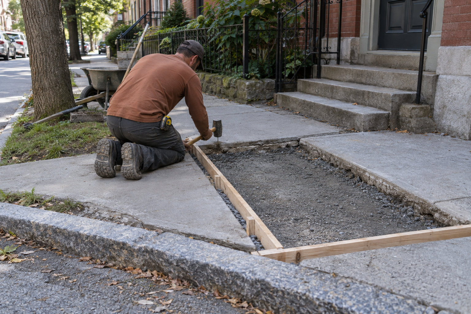 New concrete sidewalk panel being formed beside a granite curb in front of a brick row house