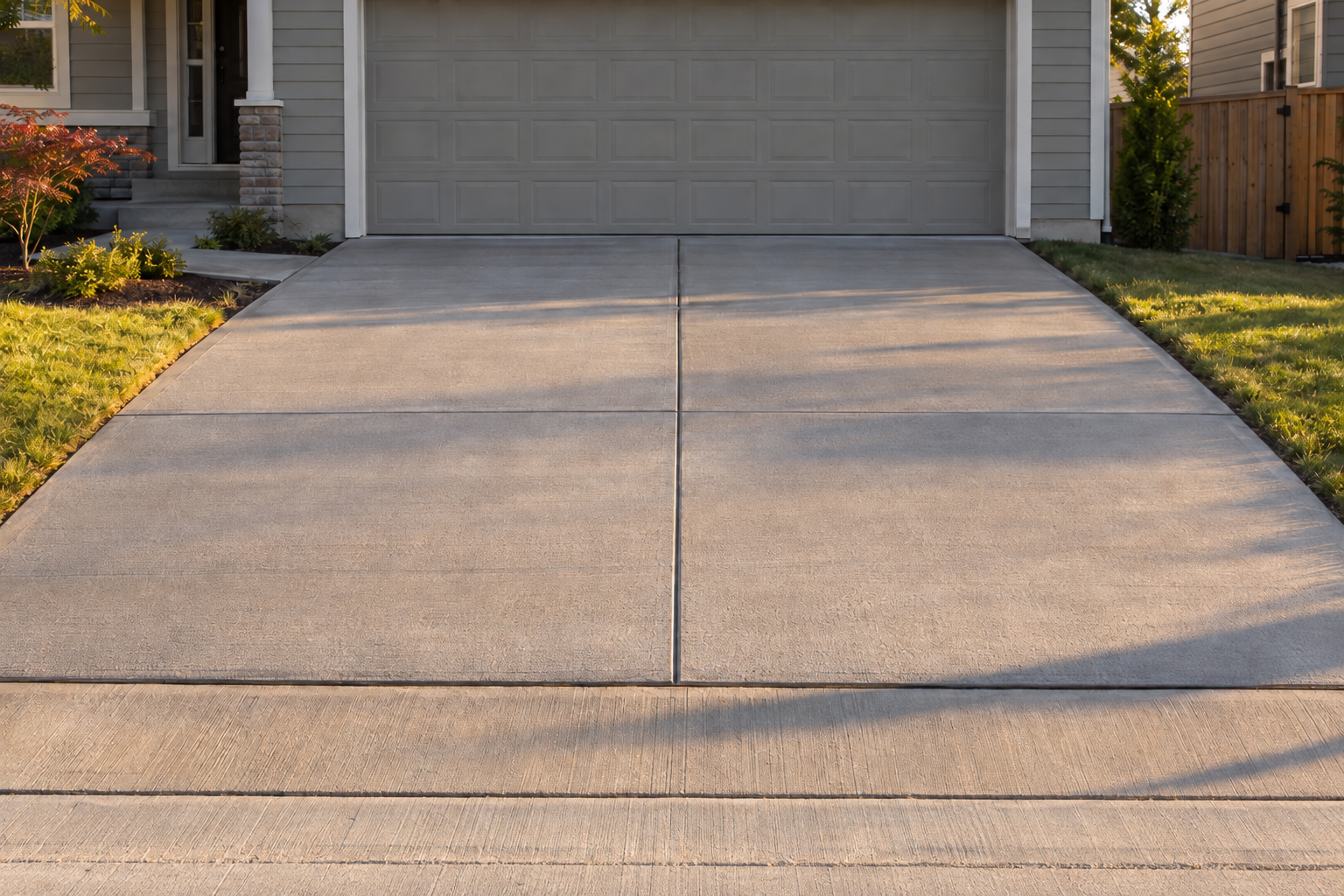 Finished broom-finished concrete driveway with control joints up to a garage