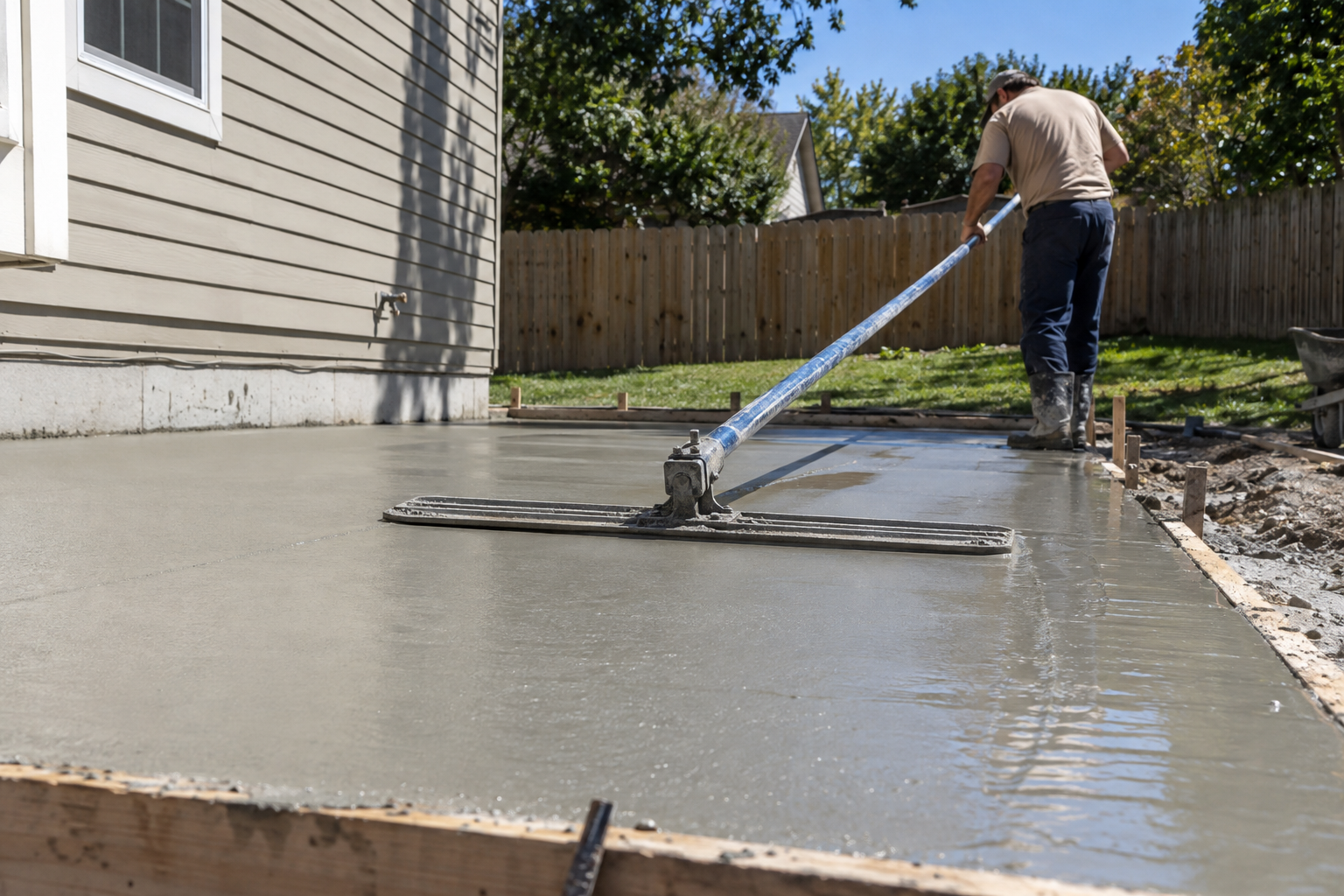 concrete contractors finishing a new slab