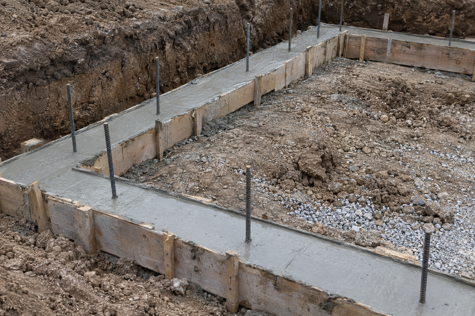 Freshly poured concrete footings in forms with rebar dowels standing up