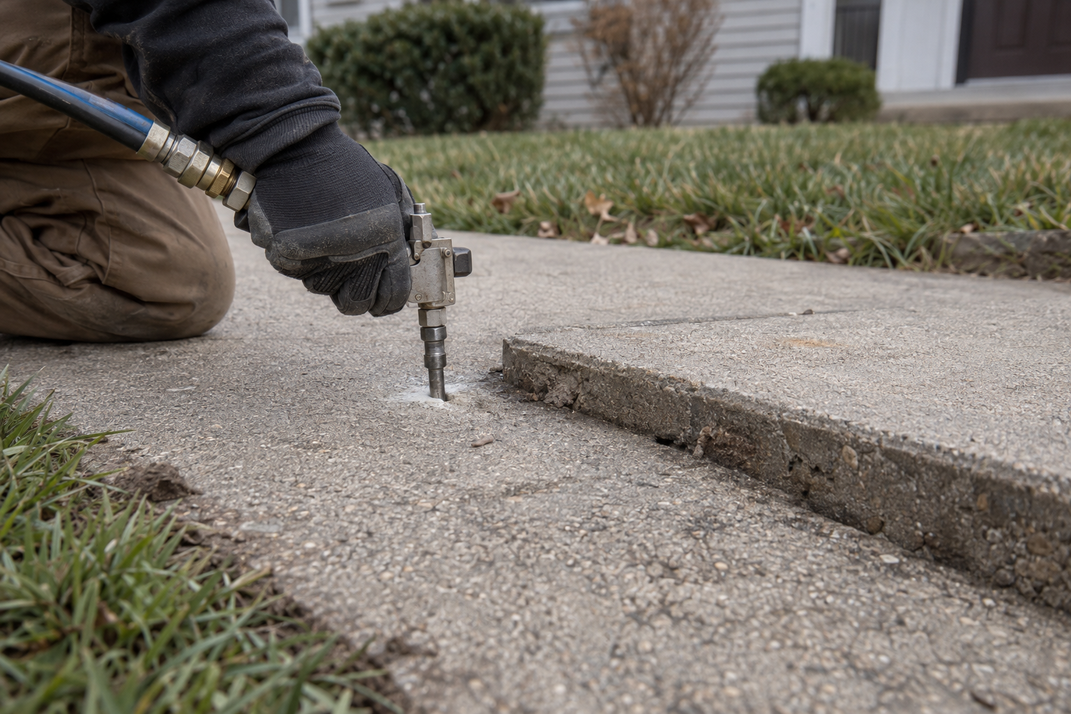 Foam injection gun seated in a drilled port in a sunken walkway slab