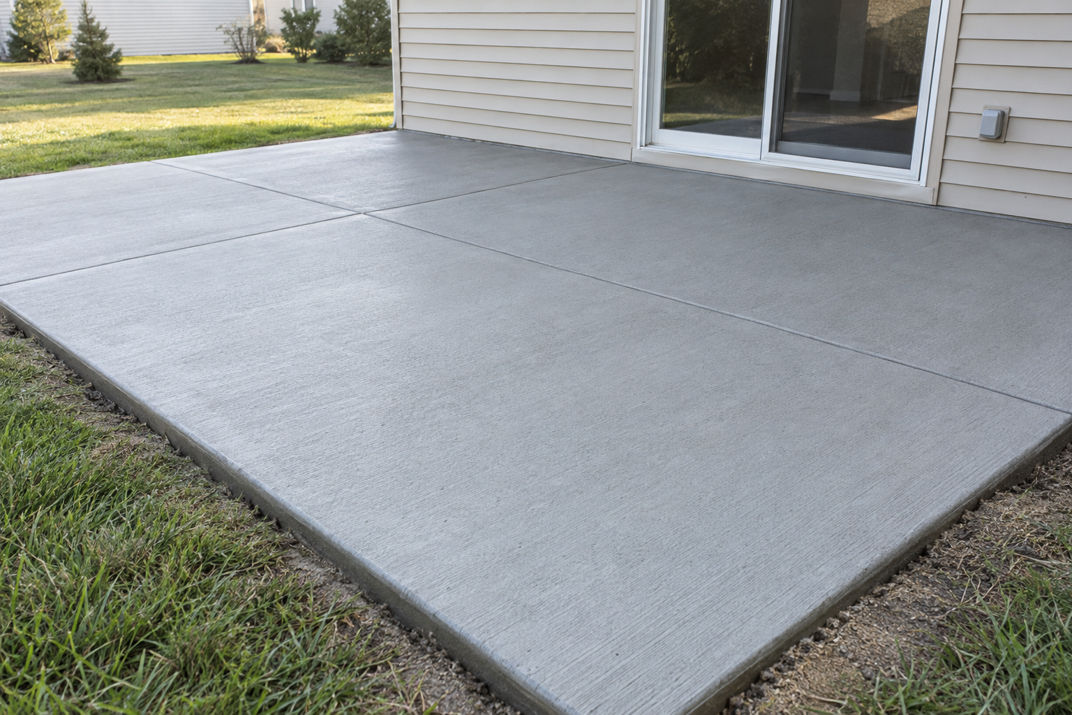 New broom-finished concrete patio behind a house