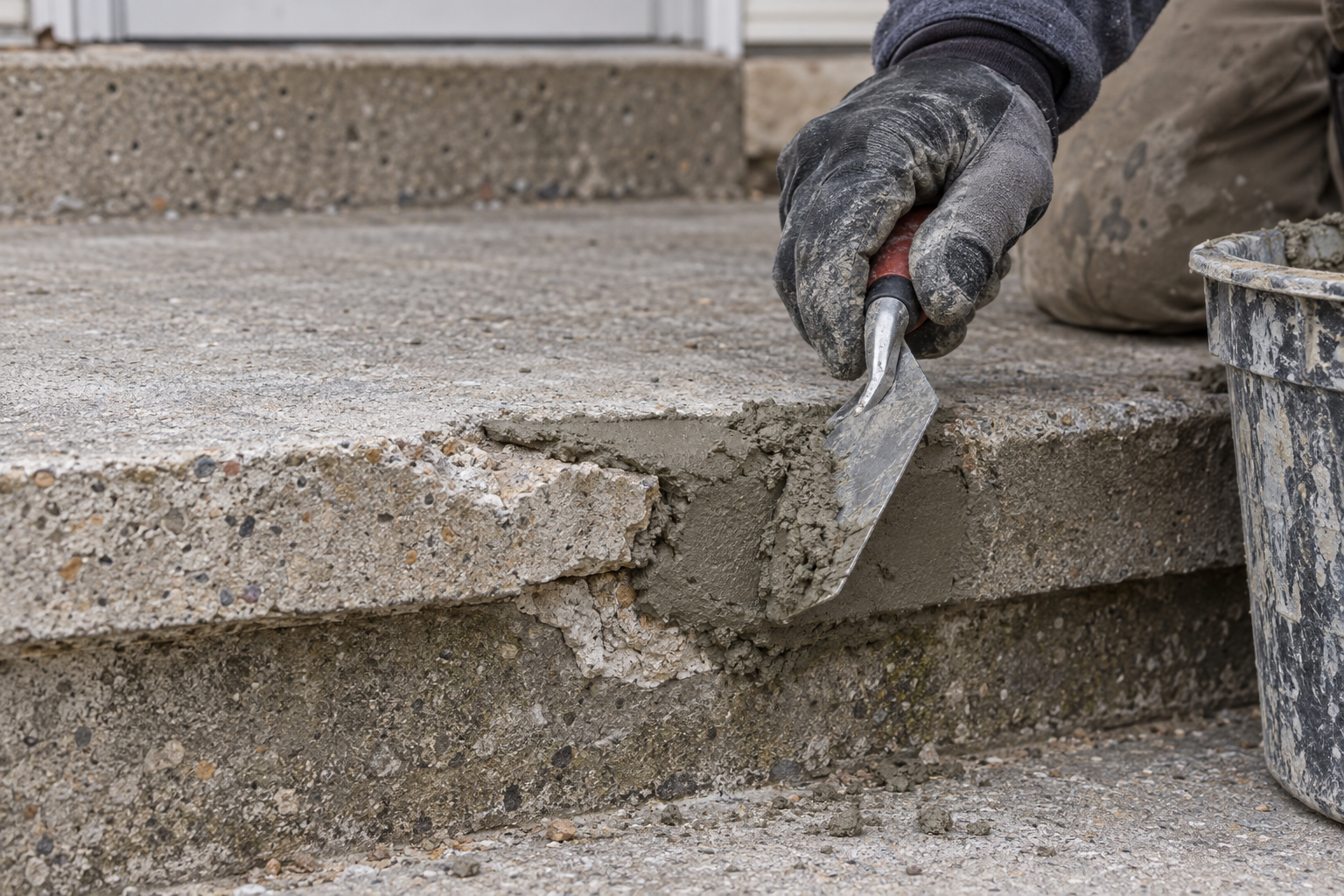 Repair mortar being pressed into a spalled concrete step edge with a trowel