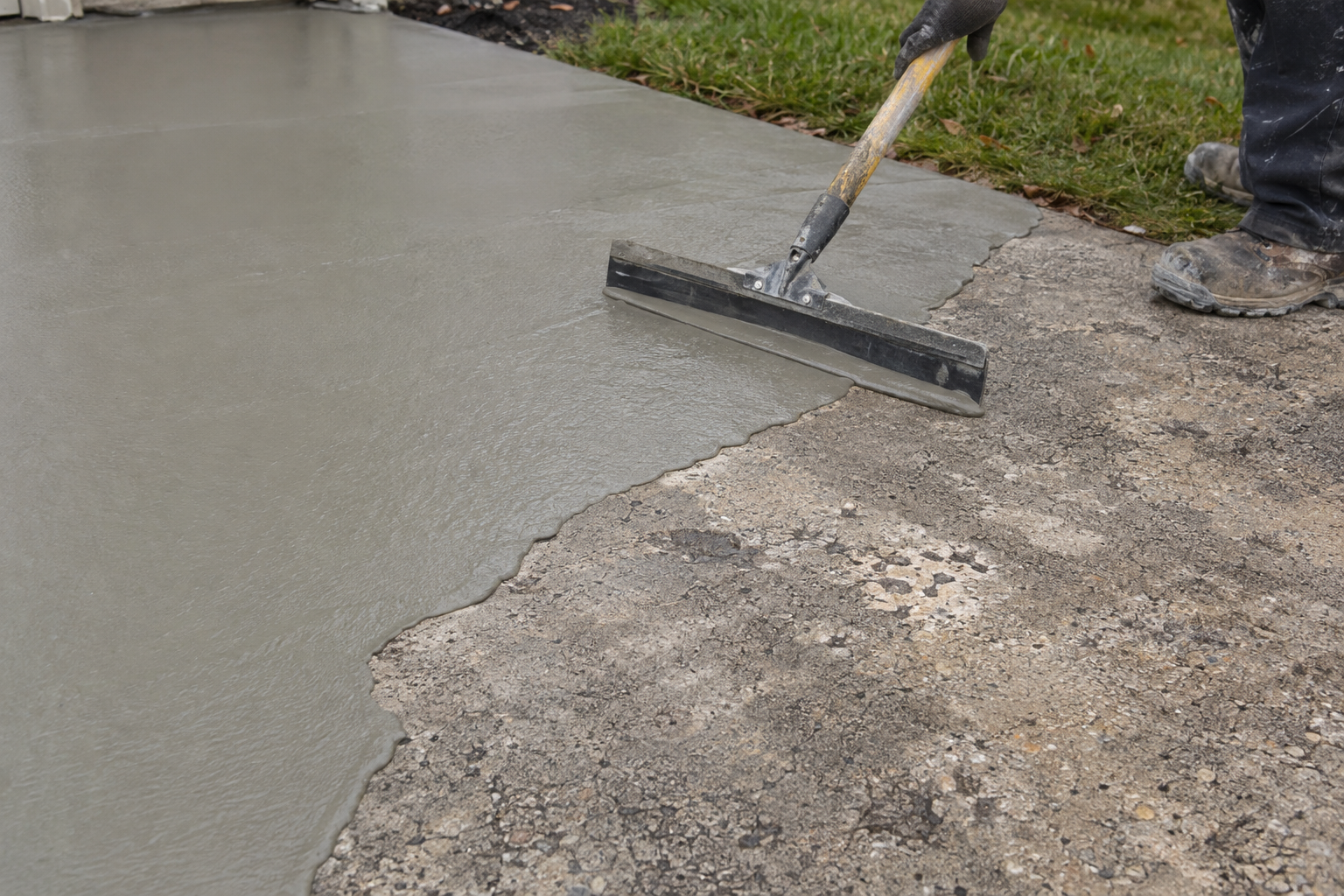 Cement overlay being spread with a squeegee over an old pitted slab