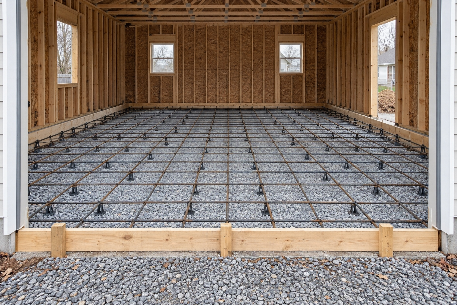 Rebar grid on chairs over a gravel base inside garage slab forms