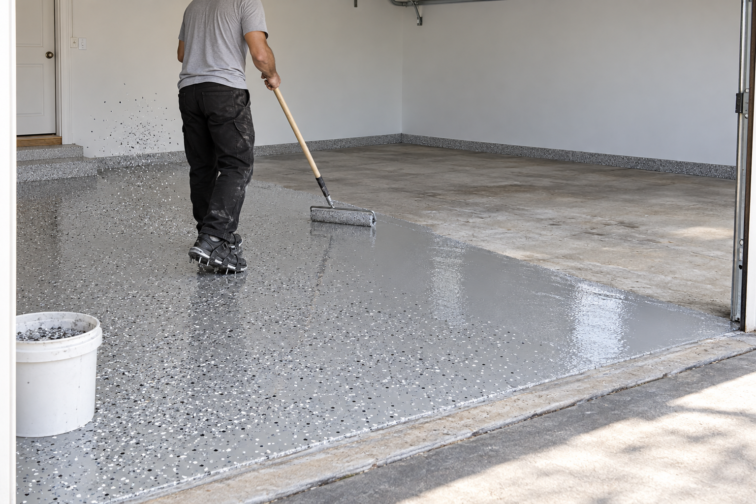 Roller spreading an epoxy flake coating across a garage floor