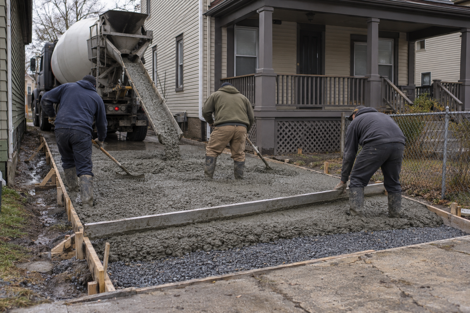 Crew raking and screeding fresh concrete from a ready-mix chute into driveway forms