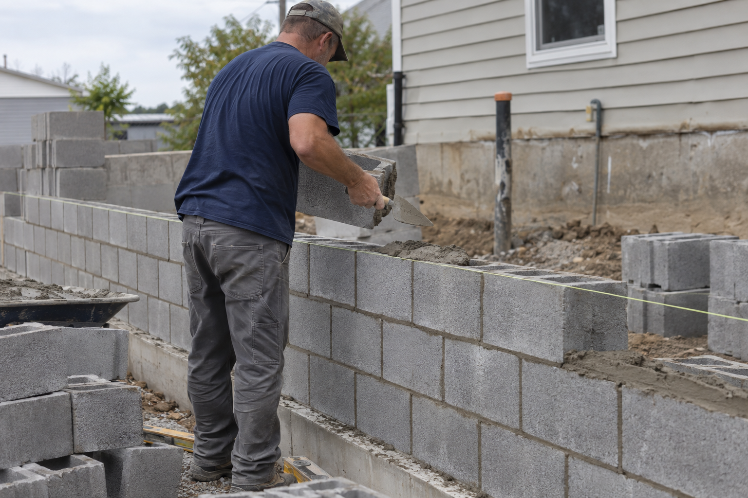 Mason buttering a concrete block with mortar on a rising wall