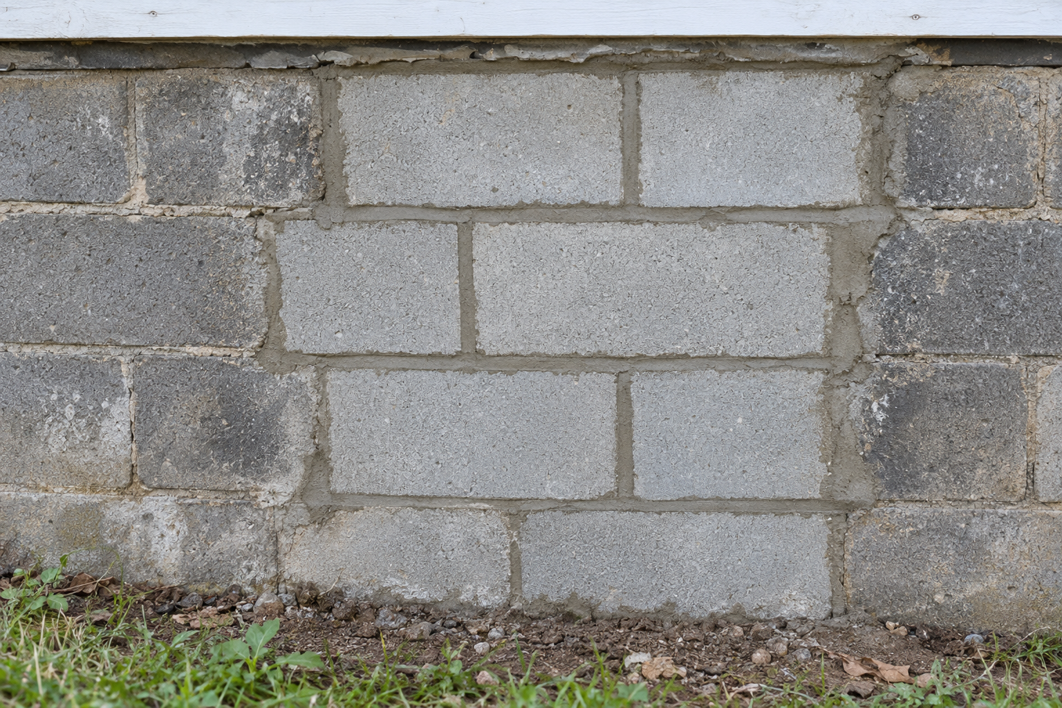 New concrete blocks set into a cut-out section of a block foundation wall