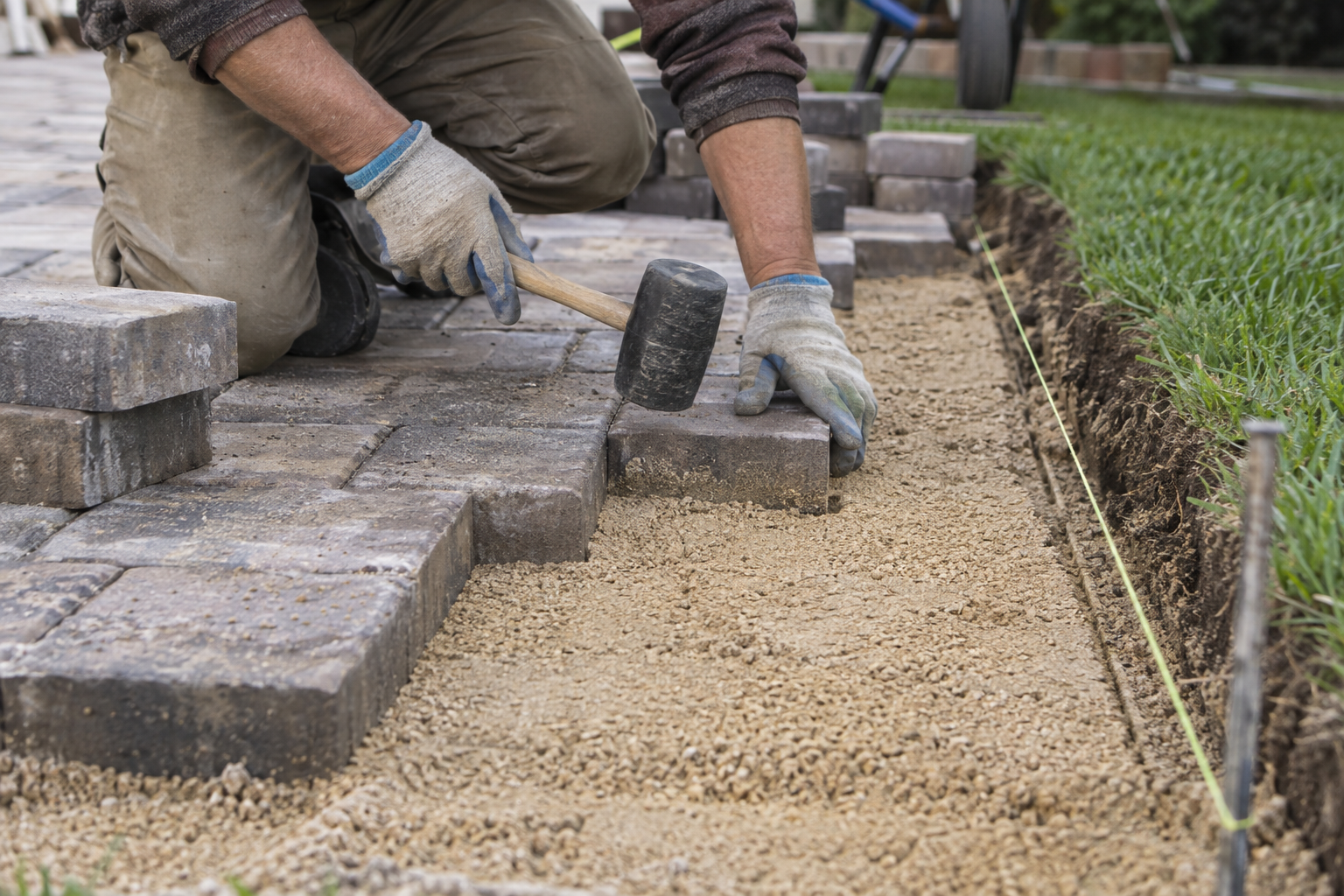 Concrete pavers being set on a sand bed with a rubber mallet
