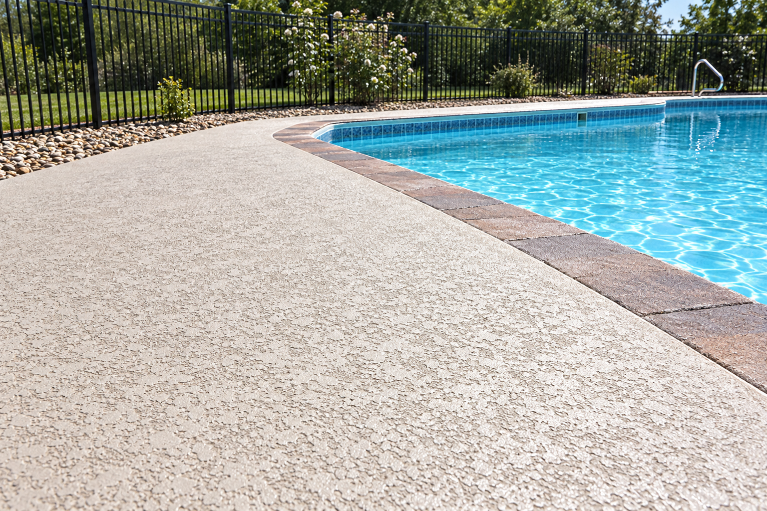 Textured overlay on a concrete pool deck running up to the pool coping