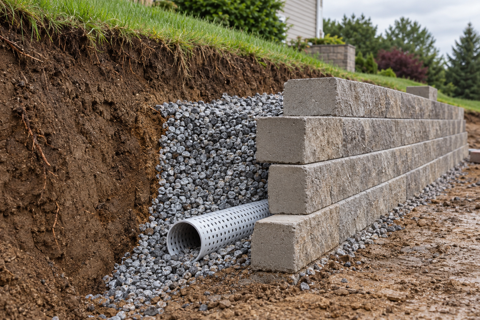 Segmental block retaining wall under construction with drainage gravel and pipe behind it