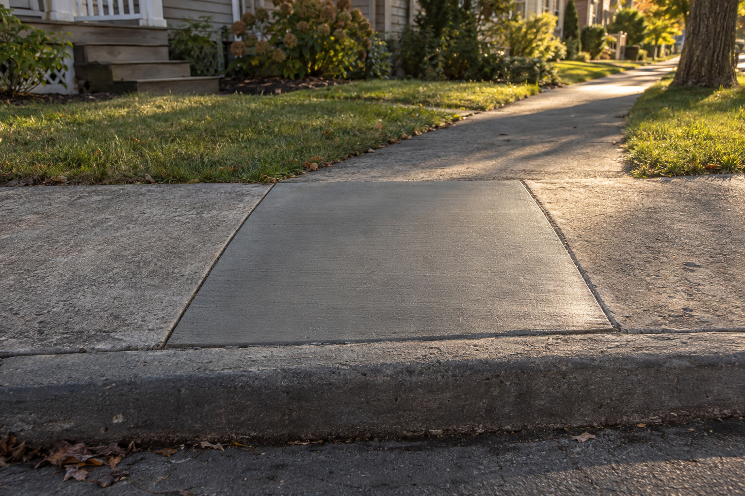 New concrete sidewalk panel set flush between two weathered panels