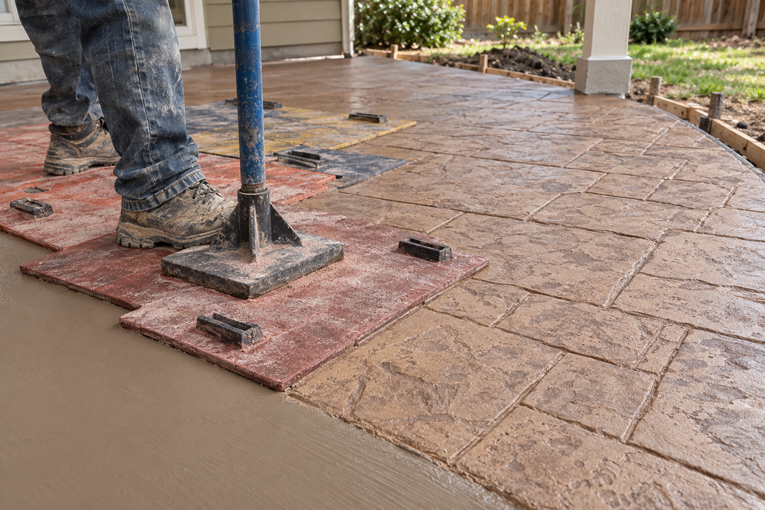 Stamping mat being tamped into fresh colored concrete