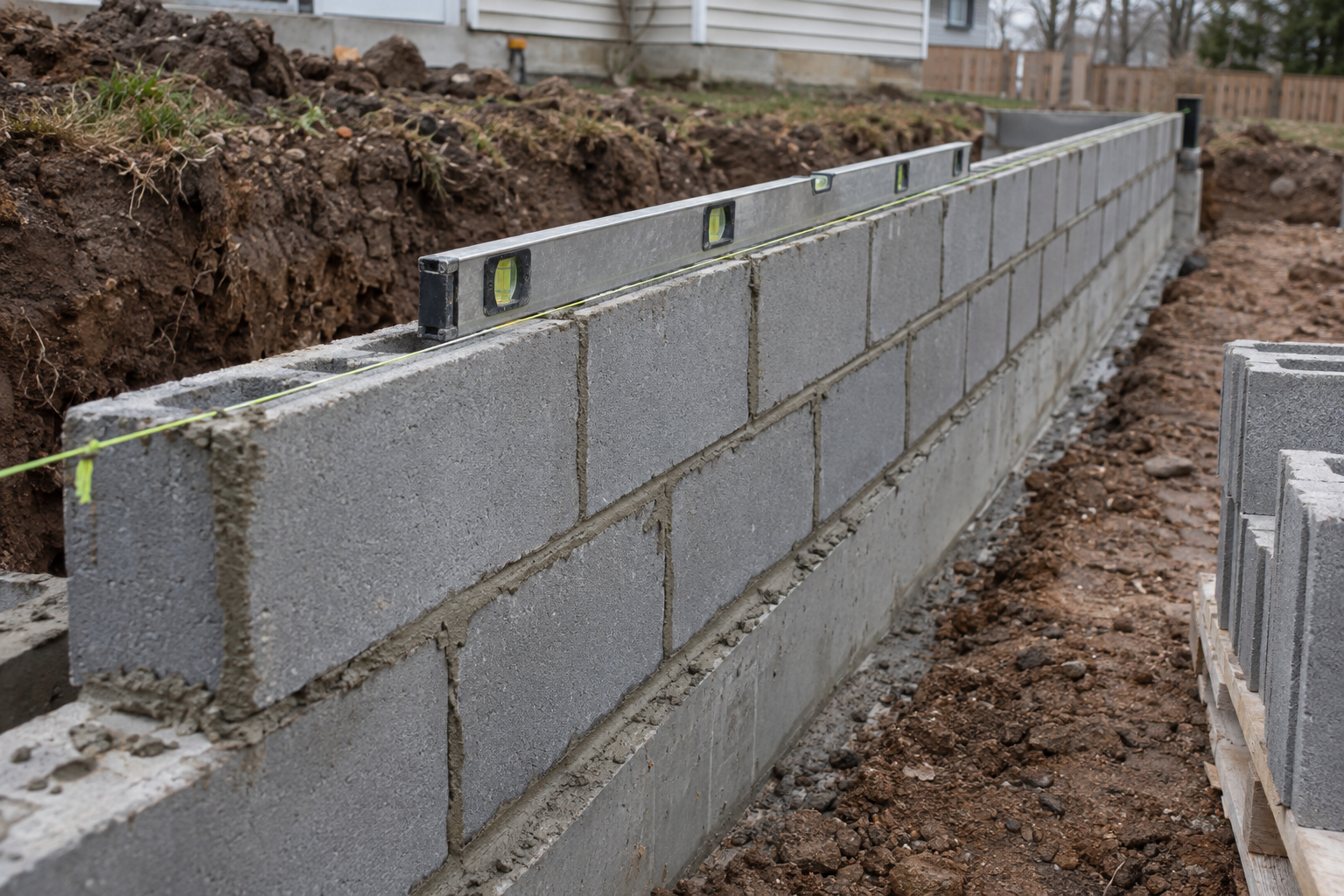 Concrete block wall rising on its footing with a mason's string line and a level across the top course