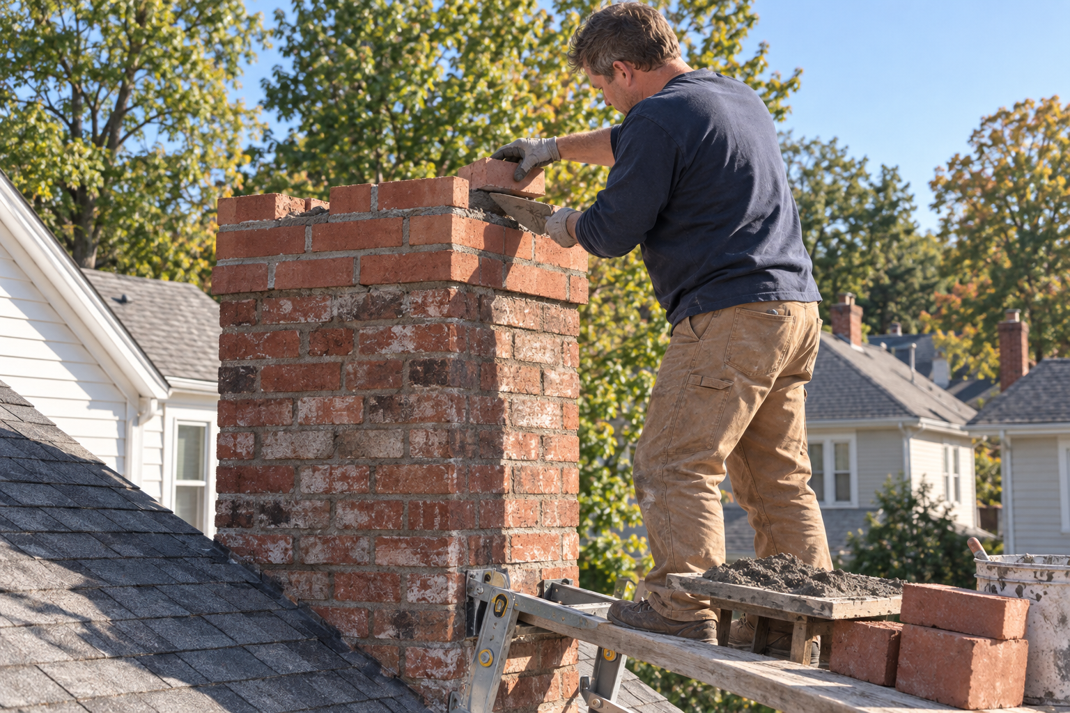 Mason laying new brick courses at the top of a chimney above a shingled roof