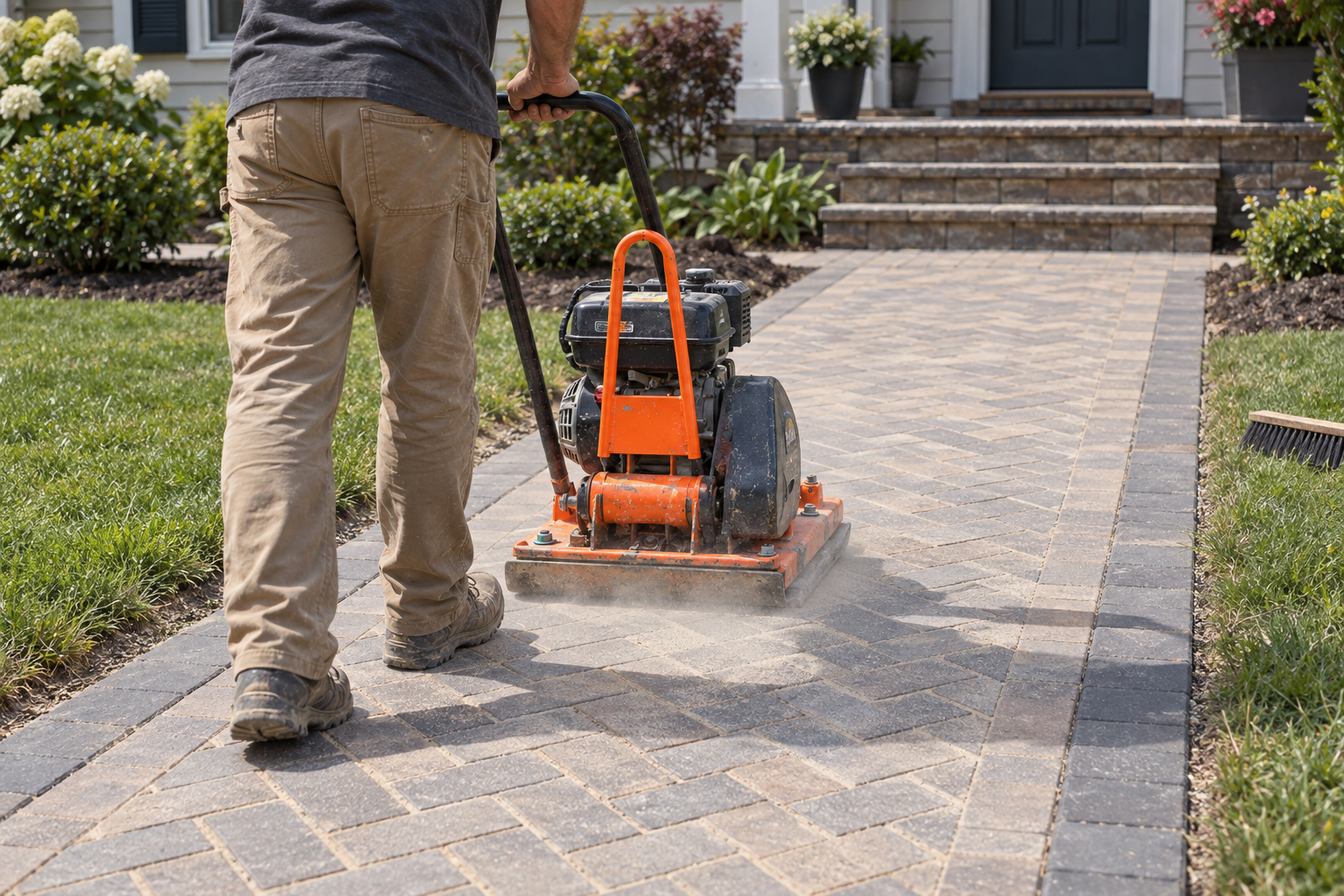 Plate compactor running over a new paver walkway with sand swept into the joints