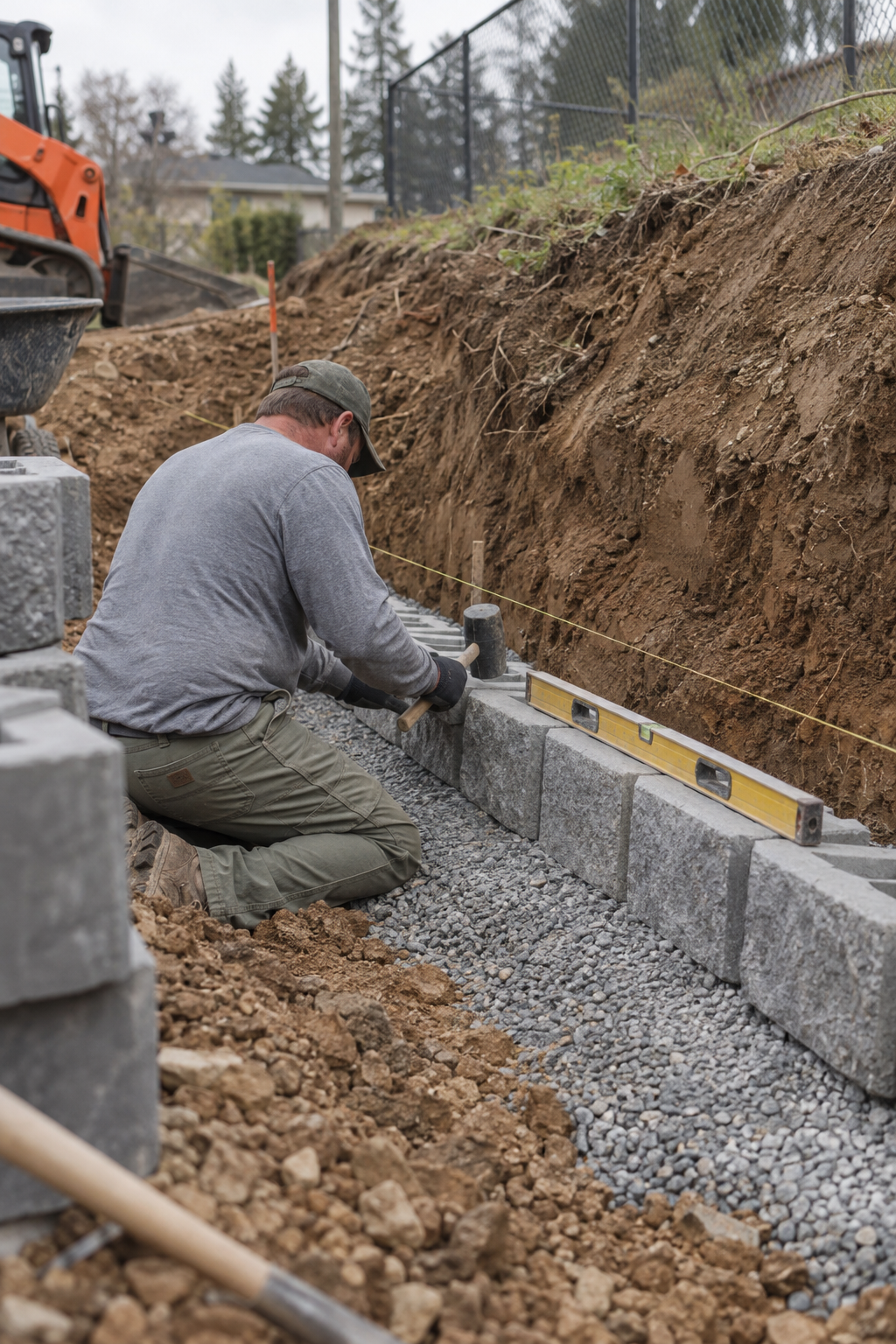 First course of retaining wall block being set on a compacted gravel leveling pad in a trench