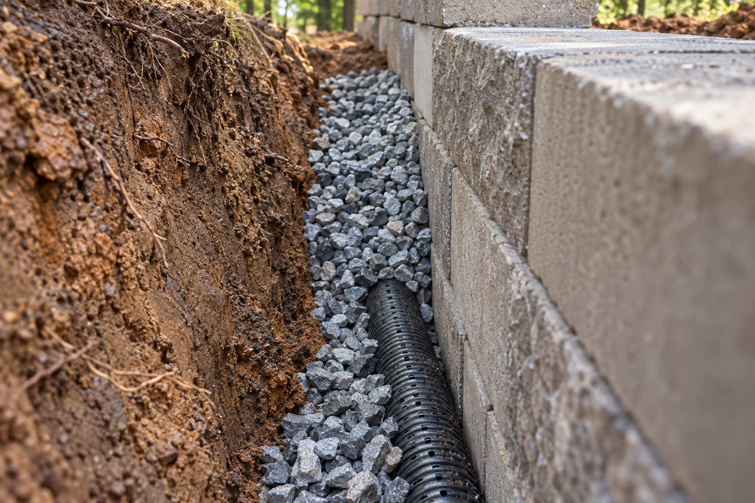 Drainage stone and a perforated drain pipe behind a block retaining wall under construction