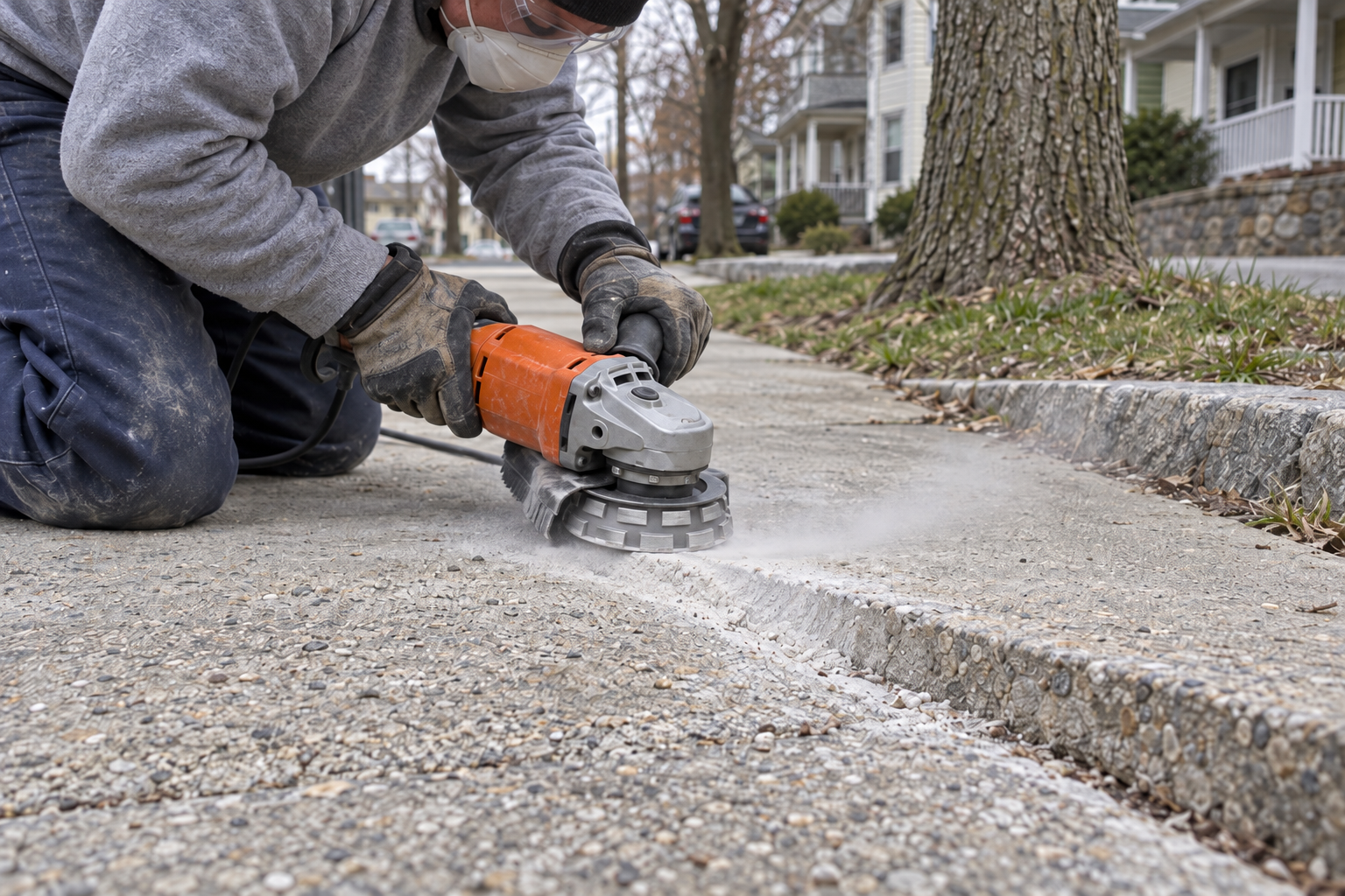 Handheld grinder beveling the raised lip of a heaved sidewalk panel beside a granite curb