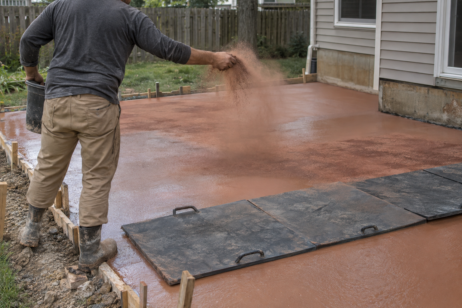 Release powder being broadcast over fresh colored concrete ahead of rubber stamping mats