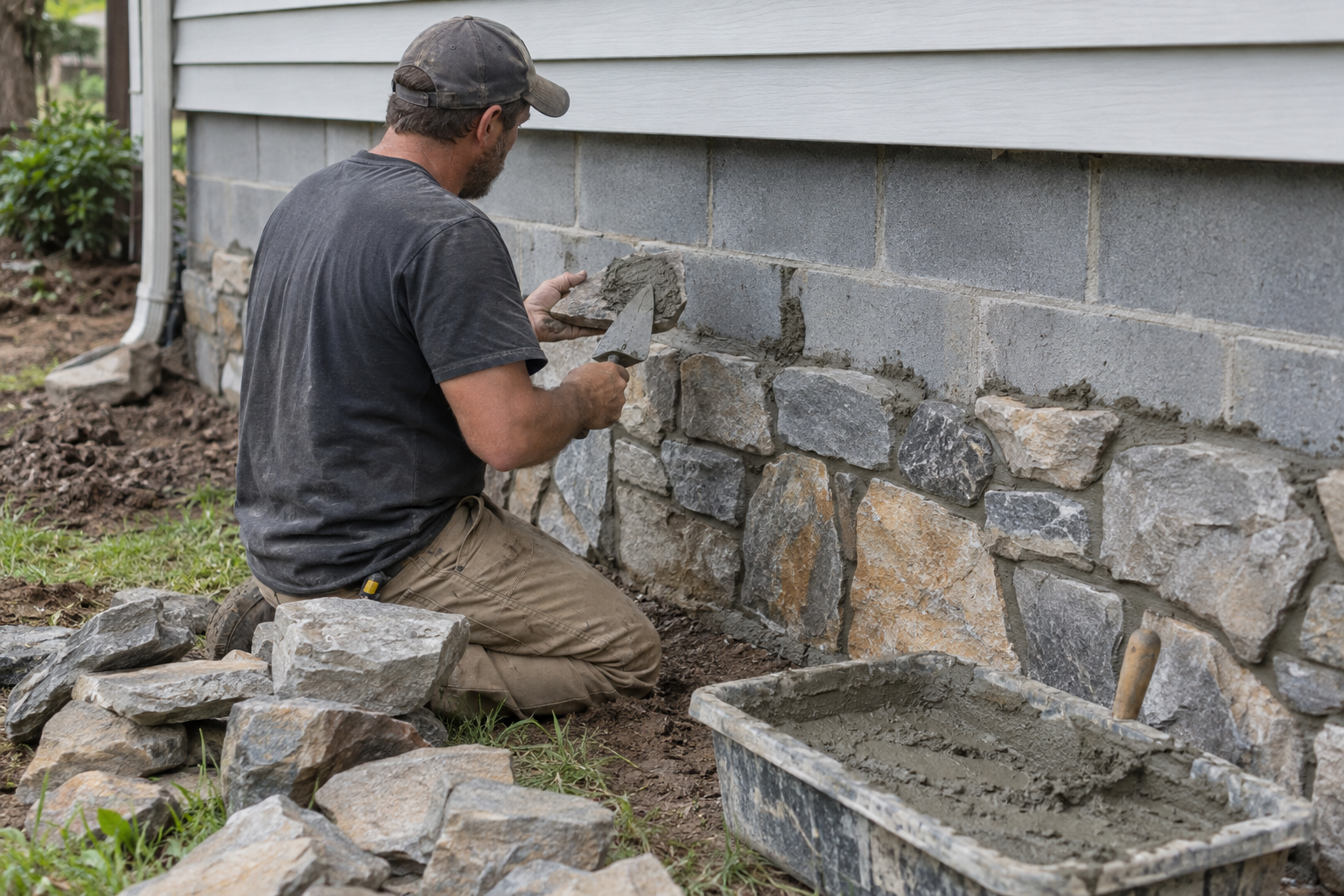 Mason pressing a mortar-buttered natural stone onto a foundation wall