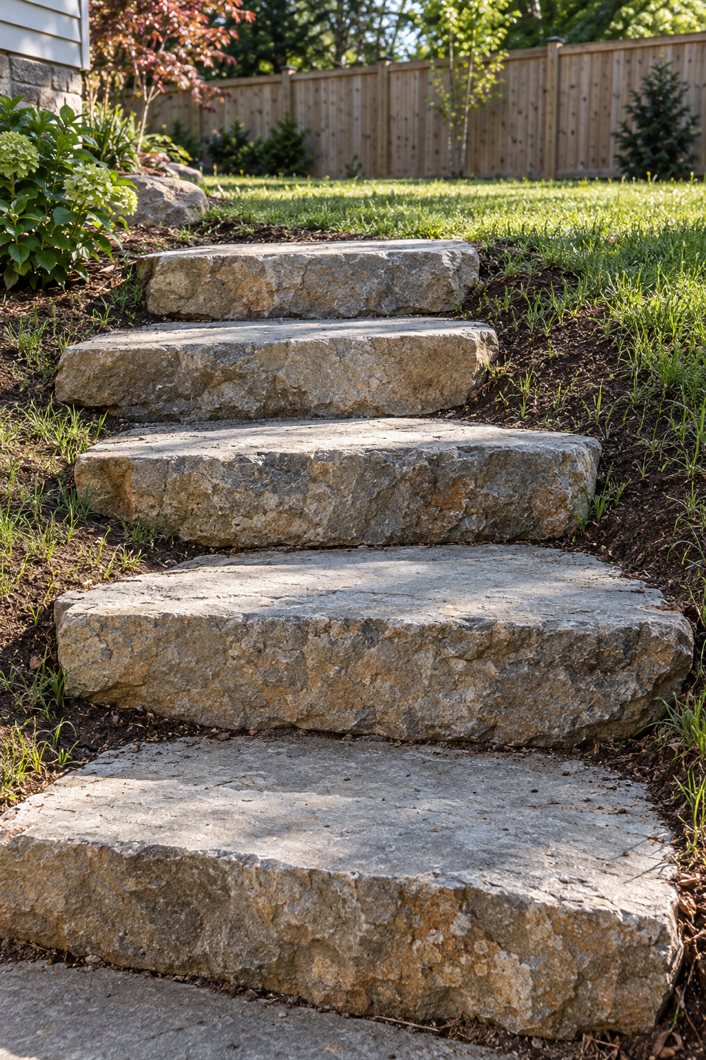 Thick natural stone steps newly set into a grassy slope